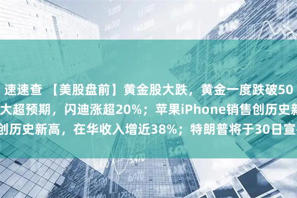 速速查 【美股盘前】黄金股大跌，黄金一度跌破5000美元盎司；Q2业绩大超预期，闪迪涨超20%；苹果iPhone销售创历史新高，在华收入增近38%；特朗普将于30日宣布美联储主席人选